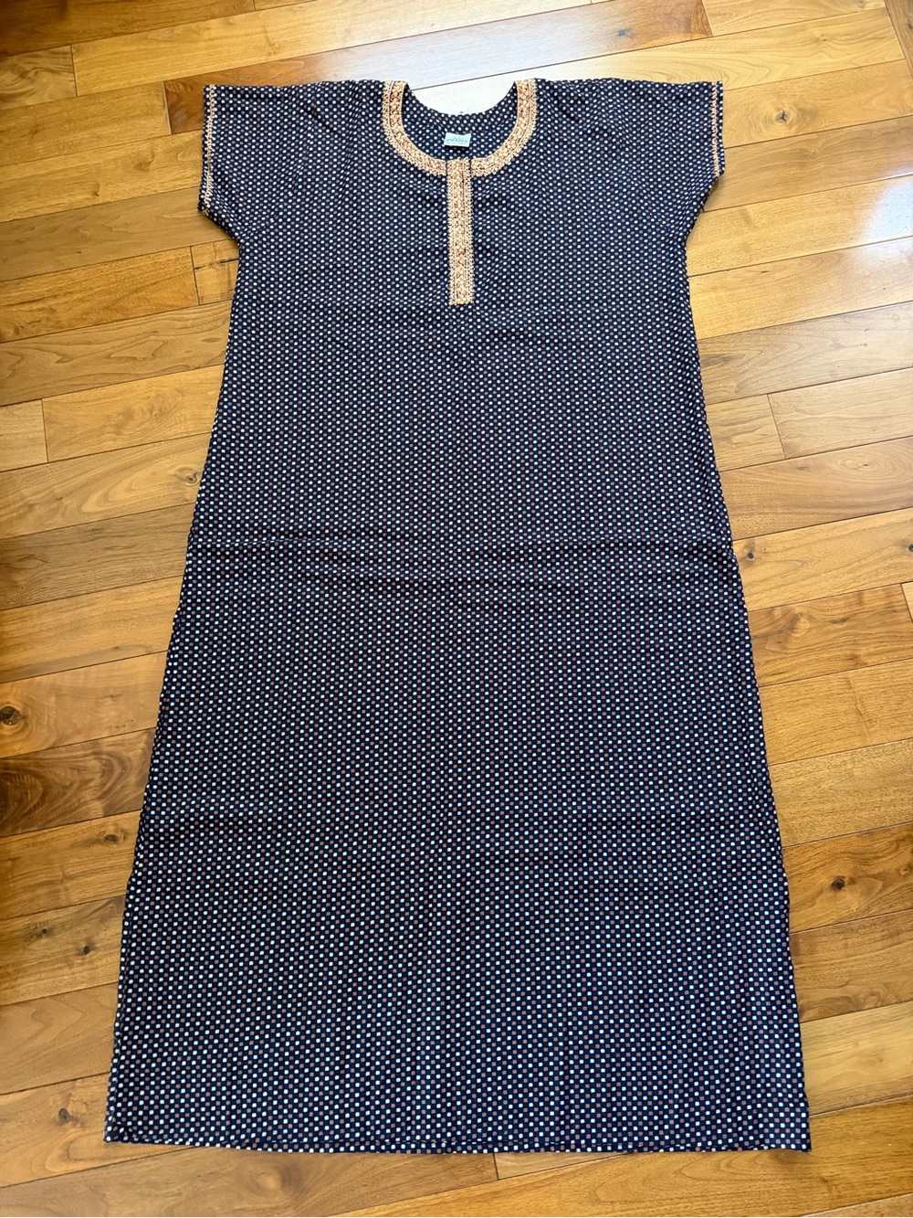 Navy Printed Short-Sleeve Maxi Dress with Contrasting Trim